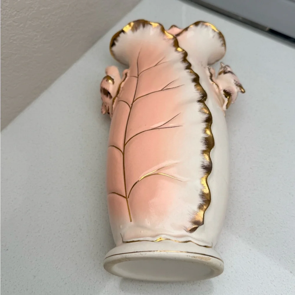 Vintage Pink and Gold Leaf-Detail Porcelain Vase Birds 1950s 1960s Mid-Century